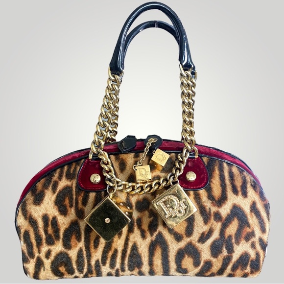 Dior Handbags - Christian Dior Red Velvet Pony Hair Leopard Print Gambler Dice Bag